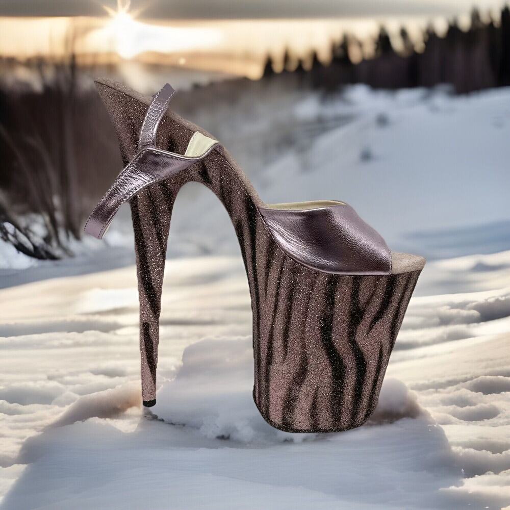 Womens Pink Pearl Print Glitter 8 Inch Heel Platform Exotic Dancer Shoe-Size 7